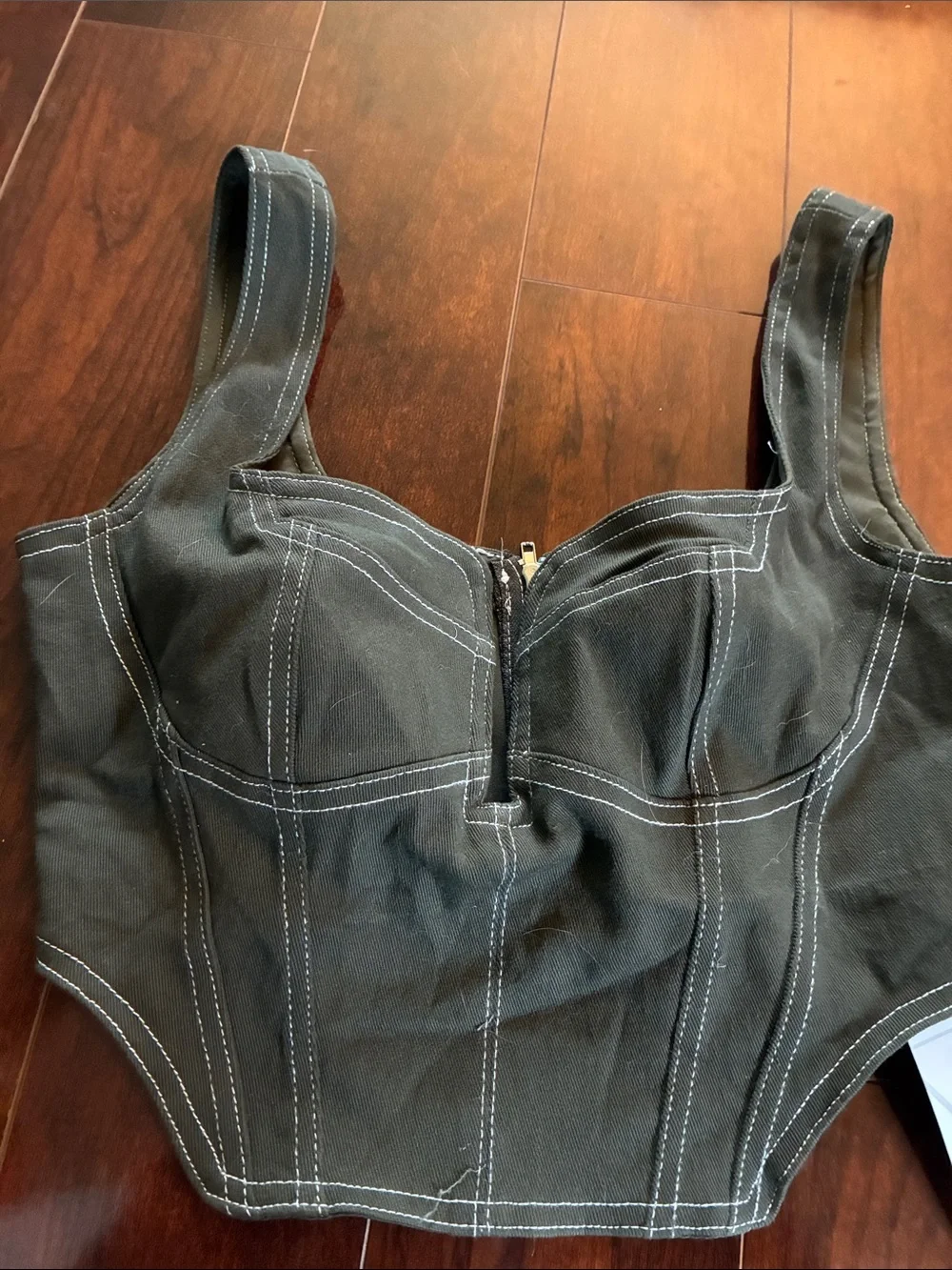 Olive Green Crop Corset Top with Contrast Stitching size m-stretch